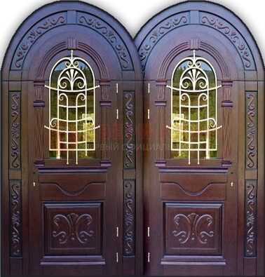 Индивидуальная арочная дверь со стеклом и ковкой ДА-19 в Сочи