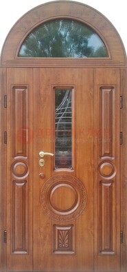 Двустворчатая железная дверь МДФ со стеклом в форме арки ДА-52 в Сочи