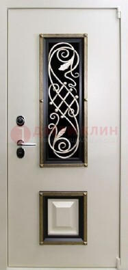 Белая стальная дверь с ковкой со стеклопакетом и МДФ ДК-30 в Сочи