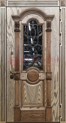 Железная дверь с массивом дуба со стеклом и ковкой ДМД-47 в Сочи