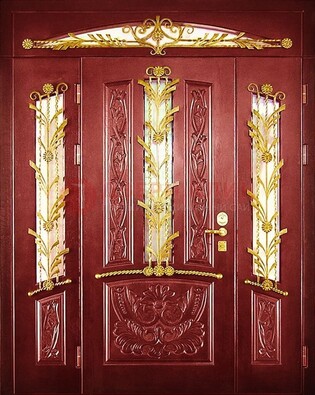 Бордовая железная парадная дверь со стеклом и ковкой ДПР-75 в Сочи
