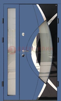 Синяя металлическая дверь со стеклом и узором ДС-13 в Сочи