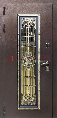 Железная дверь цвета медный антик со стеклом и ковкой ДСК-105 в Сочи