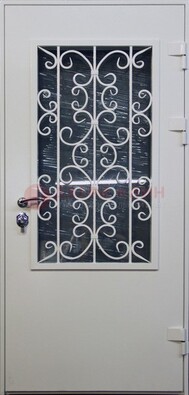 Простая железная дверь со стеклом и ковкой ДСК-11 в Сочи