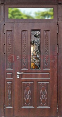 Коричневая железная дверь со стеклом и ковкой на улицу ДСК-127 в Сочи