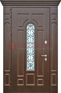 Коричневая железная дверь со стеклом ковкой для частного дома ДСК-133 Кириши