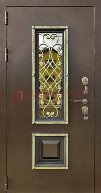 Входная дверь порошок со стеклом и ковкой для коттеджа ДСК-166 в Сочи