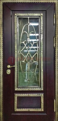 Темная уличная дверь порошок со стеклом и ковкой ДСК-167 в Сочи