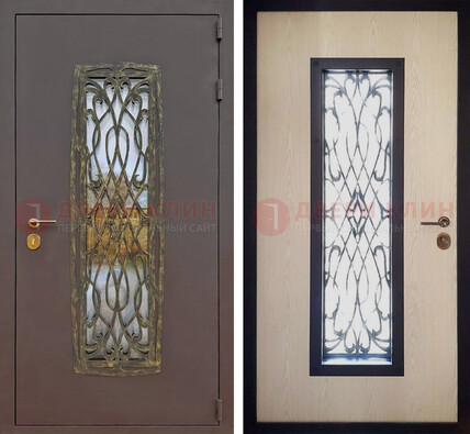 Уличная дверь порошок со стеклом и ковкой ДСК-168 коричневая в Сочи