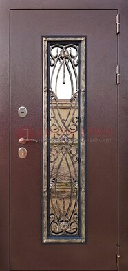 Коричневая стальная дверь порошок со стеклом и ковкой для дома ДСК-169 в Сочи