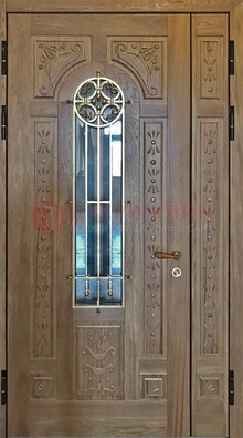 Полуторная стальная дверь стекло с ковкой и узором ДСК-200 в Сочи