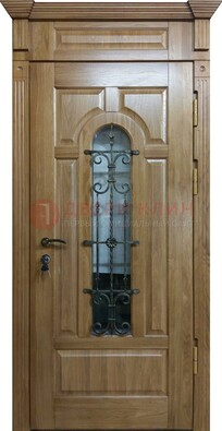 Металлическая дверь массив со стеклом и ковкой для дома ДСК-246 в Сочи