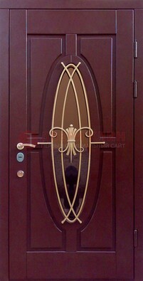 Бордовая стальная дверь Винорит со стеклом и ковкой ДСК-263 в Сочи