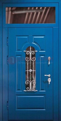 Синяя железная филенчатая дверь со стеклом и ковкой ДСК-97 в Сочи