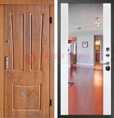 Входная коричневая дверь терморазрыв c виноритом и белая МДФ c зеркалом ДЗ-123 в Сочи