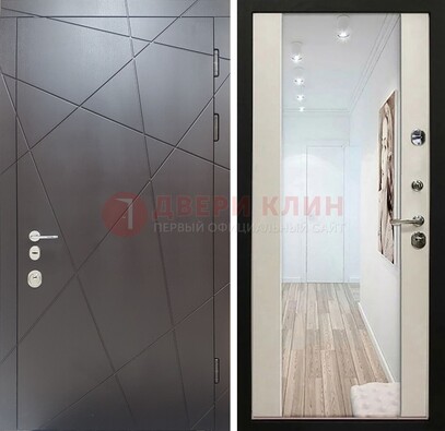 Железная коричневая дверь со светлой МДФ внутри и зеркалом ДЗ-125 в Сочи