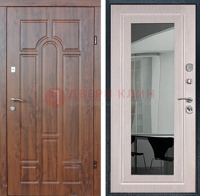 Входная коричневая дверь с МДФ Белый дуб и зеркалом ДЗ-126 в Сочи