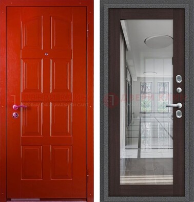Красная металлическая дверь с МДФ и зеркалом ДЗ-136 в Сочи