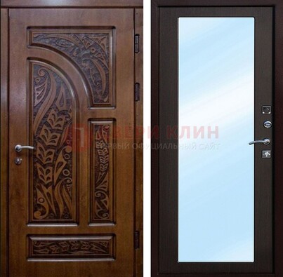 Коричневая входная дверь c узором и виноритом МДФ с зеркалом ДЗ-98 в Сочи