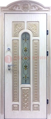 Белая железная дверь с МДФ и витражом ВЖ-26 в Сочи