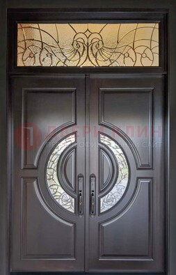 Чёрная двухстворчатая железная дверь с МДФ и витражом ВЖ-38 в Сочи