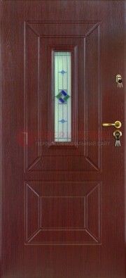 Бордовая железная дверь с витражом и отделкой массив ВЖ-3 в Сочи