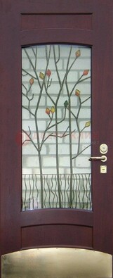 Бордовая стальная дверь с витражом и декоративным элементом ВЖ-3 в Сочи